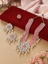 Pink Multistrand Crystal Kundan Beads Necklace Earring Ring Jewelry Set Women - £22.86 GBP