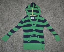 Girls Sweater Justice Blue &amp; Green Striped Hooded Long Sleeve Shirt-size 16 - £5.70 GBP