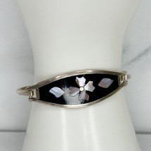 Vintage Mexico Alpaca Silver Tone Mother of Pearl Flower Inlay Hinge Bangle Brac - £19.77 GBP