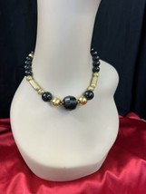 Vintage Costume Jewlery Jet Black Beads and Gold Beaded Necklace Statement Party - £19.32 GBP
