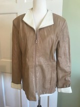 Vtg 70s Leather Factory Italy Tan &amp; Cream Leather Coat Jacket Medium - £27.22 GBP