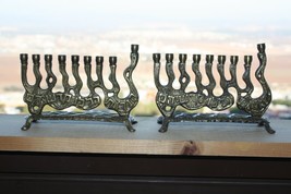 Vintage Judaica Brass Hanukkah Lamp Jewish Menorah Holy Land Jerusalem Israel - £29.67 GBP