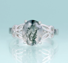 Moss Agate Ring 925 Sterling Silver Gemstone Engagement Ring - £84.00 GBP