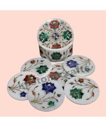 4&quot;x4&quot;Round White Marble Coasters with Holder | Inlaid Semiprecious Stones - $280.03