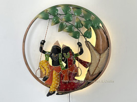 Radha Krishna Swing Jhula LED Light Metal Wall Art Krishna Statue Wall S... - $206.29