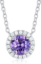 925 Sterling Silver Birthstone Round Solitaire Pendant Dainty Halo Necklaces Feb - £23.39 GBP