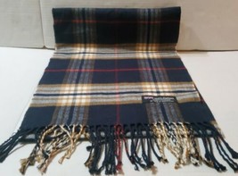 Made In Scotland 100% Cashmere Scarf Plaid Brown Tan Cream Blue Fringe 65&#39;&#39; - $27.85