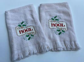Set Of 2 VTG Christmas Embroidered Hand Towels Noel Cannon Cotton Fringe Holiday - £14.88 GBP