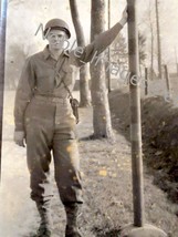 1944 WWII Soldier at Virton Belgium Road Sign Photo B&amp;W Snapshot - £3.49 GBP
