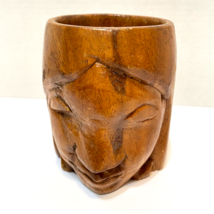 Vintage Collectible Carved Wooden Face Mug Cup Large 5 x 3.5&quot; Brown Souvenir - £12.44 GBP