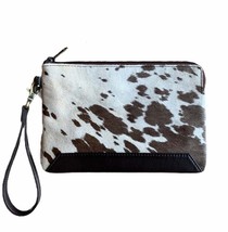 Real Cowhide Wristlet Clutch for Women, Brown and White Cow Hide Cow Skin Purse  - £42.06 GBP