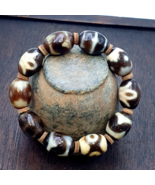 Tibetan HQ Agate Dzi beads with eye &amp; wave motifs Spiritual bracelet Mala - $198.10