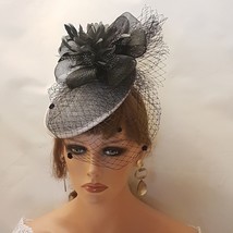 Black &amp; Grey birdcage veil Hat fascinator # fascinator Black Chenille Spotted Bi - £46.99 GBP