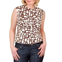 VTG 1960s Sleeveless Blouse Brown White Abstract Print Jeweled Neckline ... - $48.51