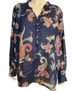 Talbots Plus Blue with Multi Color Paisley Print Long Sl 1/2 Button Blou... - $39.08 CAD