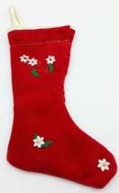 Small Handmade Red Velvet Christmas Stocking Beaded Poinsettias Satin Lining - £15.81 GBP