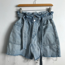 Zara Jean Shorts 6 Light Blue Denim High Rise Belted Jean Fringe Cut Off... - $17.49