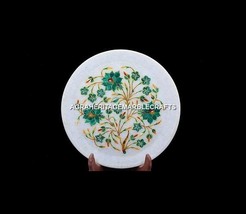 8&quot; White Marble Round Dish Plate Malachite Inlay Handicraft Gift Decor H... - £144.88 GBP