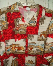 Vintage HAWAIIAN Shirt Red Woodies Beach Old Cars JFF uniforms Aloha USA Large - £13.94 GBP