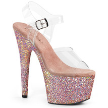 PLEASER ADORE-708LG Women&#39;s 7&quot; Heel Platform Ankle Strap Sandal W/ Glitter Shoes - £57.52 GBP