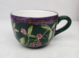 Crate And Barrel Oversize Coffee Mug Cup Floral Green Hand Painted Ceram... - $12.99