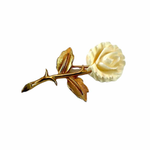 VTG Beige Flower Gold Tone Metal Brooch Pin Plastic Rose  - $12.60
