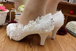 Luxury Beaded Crystals Wedding Shoes High Heels Side Lace Appliques Bridal Shoes - £93.06 GBP