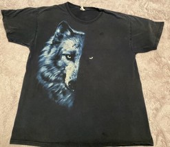vintage wolf graphic Glowing Green Eyes Half Face T Shirt  - £19.12 GBP