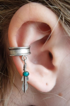 NAVAJO FEATHER TURQUOISE EAR CUFF DANGLE 925 STERLING SILVER WRAP EARRING - $27.12