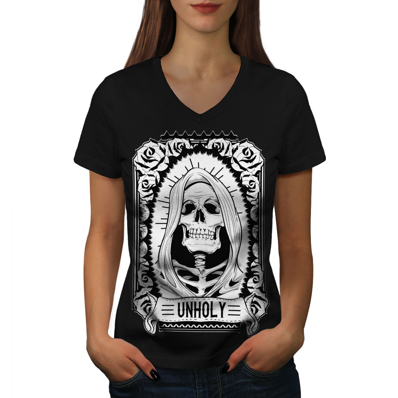 Unholy Rose Death Skull Shirt  Women V-Neck T-shirt - $12.99