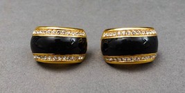 Christian Dior Vintage Black Enamel Rhinestone Gold Tone Clip Couture Earrings - £159.66 GBP