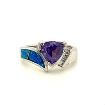 Vintage Sterling Signed AK Inlay Blue Opal and Amethyst CZ Accent Ring Band sz 8 - £38.76 GBP