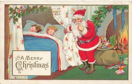 Rouge Suit Santa-Bag De Toys-Sleeping Enfants ~1914 Joyeux Noël Carte Po... - $11.42