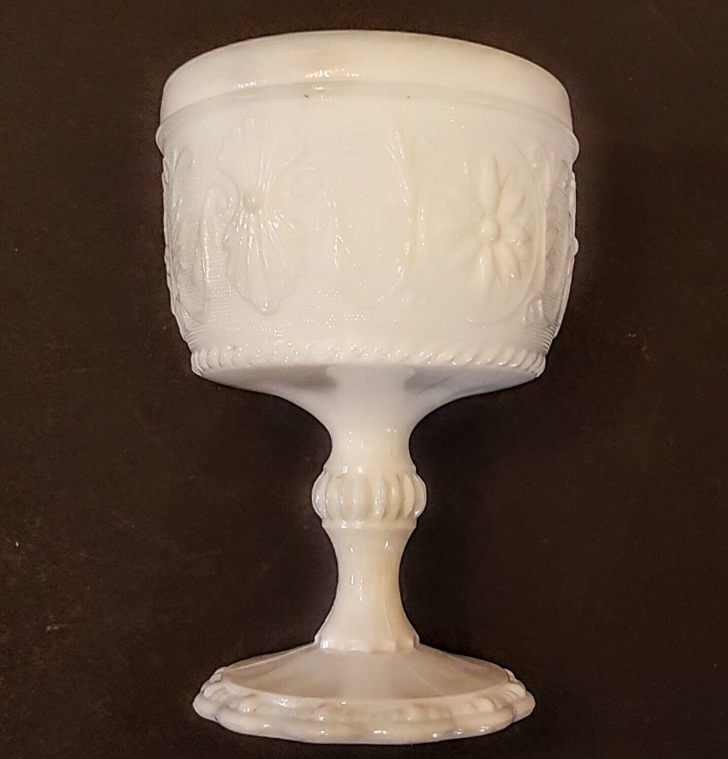 Primary image for Anchor Hocking White Milk Glass Goblet Pedestal Medallion Pattern Planter Vase