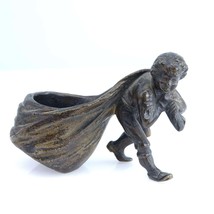 c1900 Austrian bronze Figural Toothpick/Match holder Boy carrying bag - $252.45