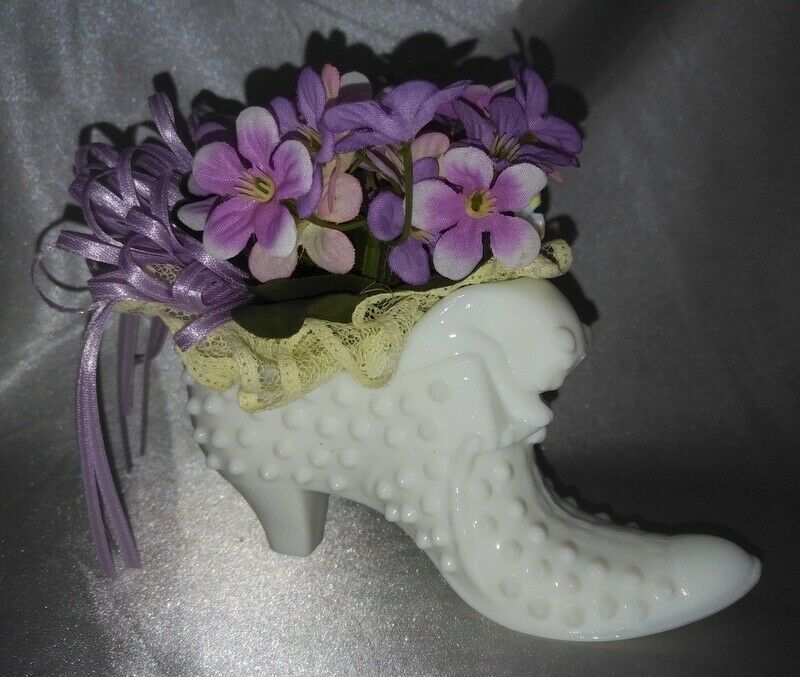 Handmade Violet / Cherub Floral Arrangement in FENTON Milk Glass Hobnail Shoe - $48.90