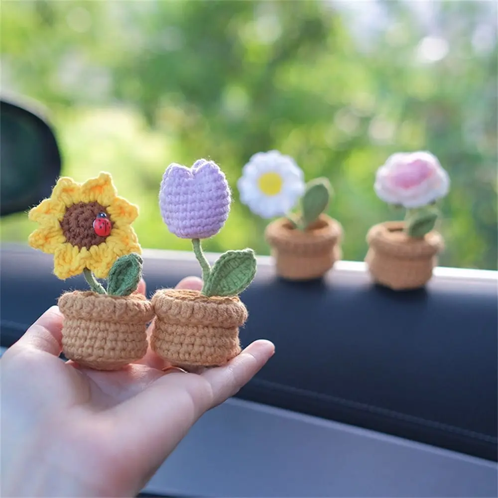 Handwoven Mini Potted Car Floral Ornaments Braid Sunflower Tulip Auto Center - $11.86+