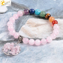 Crystal Bracelet Natural Stone  Beads 7 Chakra Pink Tree of Life Beaded Bracelet - £9.67 GBP