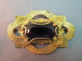 Antique Sash Pin Purple Stone Oval Faceted Hammered Layer Art Nouveau Br... - £67.35 GBP