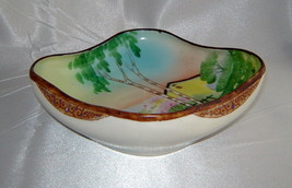 Vintage NIPPON Hand Painted Squared Candy Bowl Dish w/ Garden Landscape Scene - £9.11 GBP