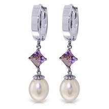 Galaxy Gold GG 9.5 CTW 14k Solid White Gold Hoop Earrings Natural pearl Amethyst - £299.92 GBP