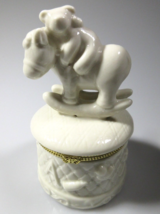 Vintage Hinged Trinket Box Teddy Bear Riding A Rocking Horse White Porcelain - £16.79 GBP