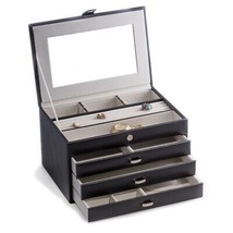 Bey-Berk International BB652BLK Black Leather 4 Level Jewelry Box with Multi Com - £142.20 GBP