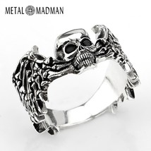 925 Sterling Silver Skull Men Ring Big Boss Terminator Black Angel Devil Evil Ey - £39.97 GBP