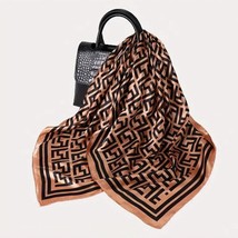 35.4&quot; silky satin geometric printed square scarf Bronze and Black. - $27.44