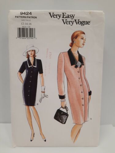 Primary image for 1996 Very Easy Vogue Pattern 9424 Misses' Front Button Up Dress Size 12-14-16