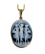 14k Solid Gold Three Graces Blue Agate Oval Cameo Necklace 18&quot; Tiny Ball... - $406.18 CAD