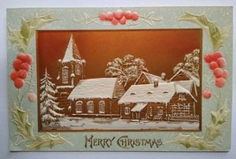Vintage Christmas Postcard Embossed Art Church Village Reflective Holly Trimmed - £11.07 GBP
