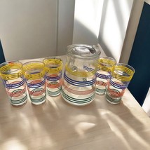 Vintage Libby Fiesta Rainbow Striped Pitcher with 5 glasses EUC - $41.65