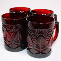 VINTAGE Ruby Red Mugs Set Of 4 Luminarc Cristal D&#39;arques France Cup Coffee Tea - £23.20 GBP